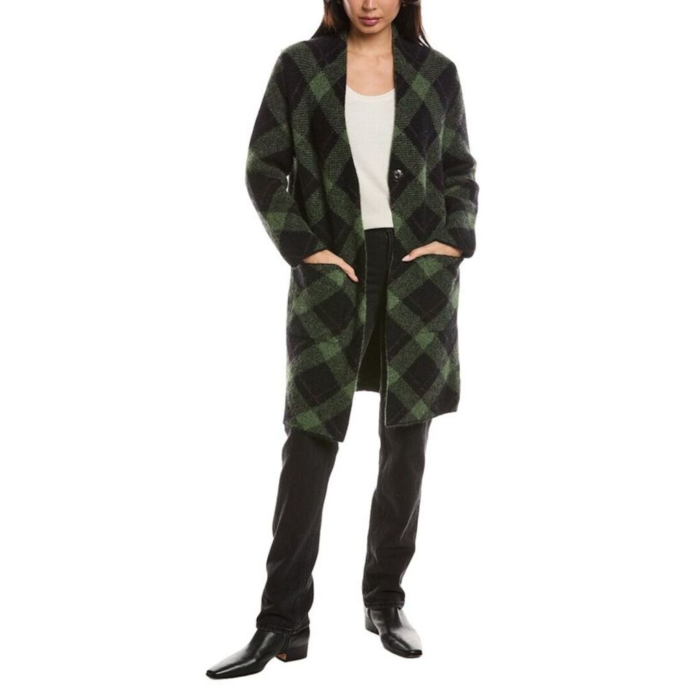 Forte Cashmere Womens  Bias Plaid Alpaca-Blend Cardigan, Green